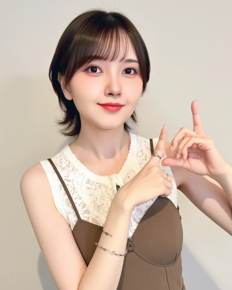 masutepiece, Best Quality, Illustration, Ultra-detailed, finely detail, high resolution, 8K Wallpaper, Perfect dynamic composition, a bit chubby:0.3, 1 beautiful girl, pointing at the viewer, ((close up:1.3, looking at viewer)), Beautiful detailed eyes, (wearing black t-shirts, short bob-hair, color base on white black),