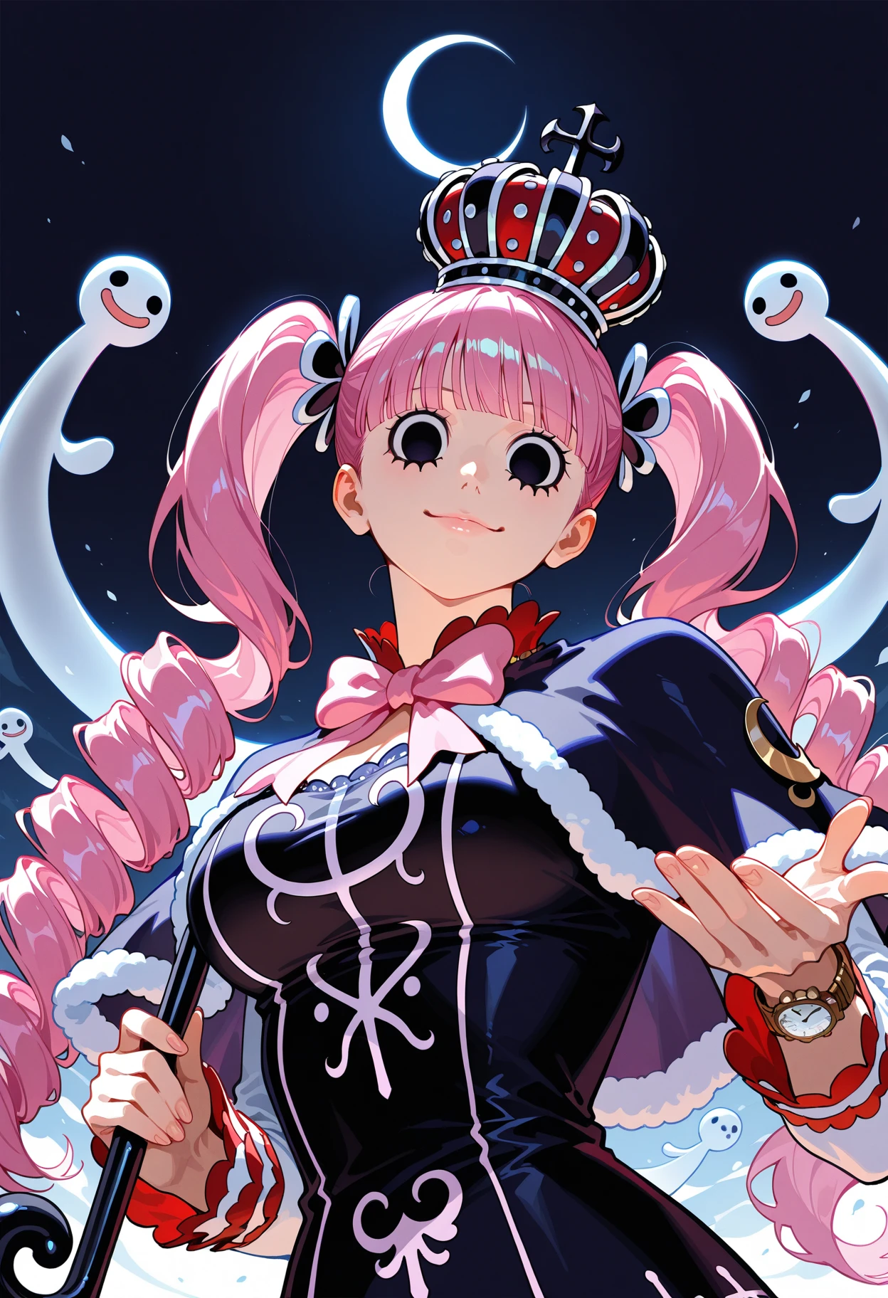 <lora:perona_v1:1.1>, cheems_perona_v3, smile, sitting on throne, from below, red boots, ghost, twin drills, red capelet, striped thighhighs, cleavage, large breasts, crown, volumetric lighting, light particles , looking at viewer, blush, red skirt, smug, smirk, (disc-shaped eyes, black eyes),
