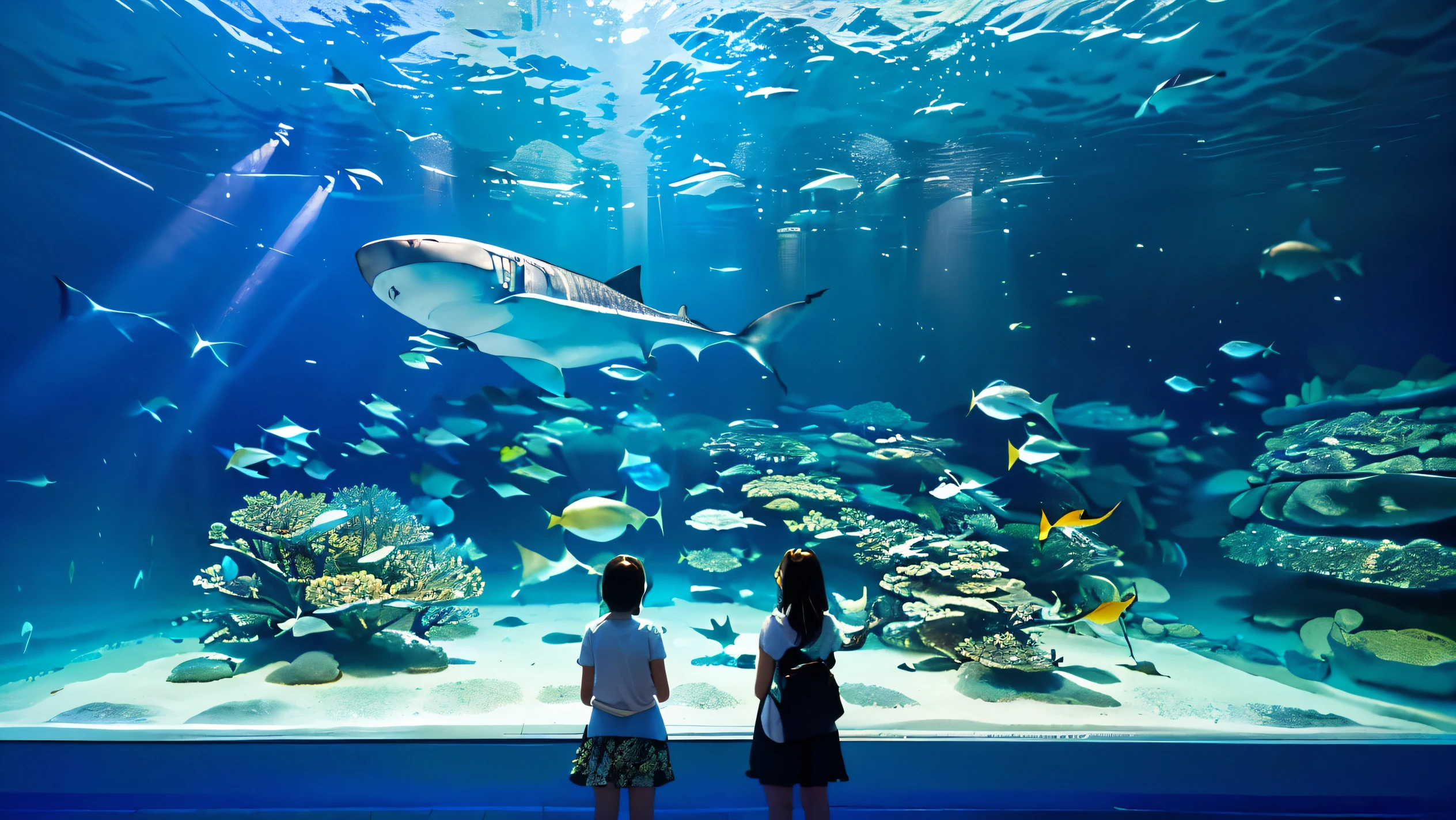 is big, dimly illuminated aquarium, While the light dances in the water , In a huge fish tank、watching fascinating fish swim in groups . soft blue surface , (Majestic rays , giant shark, and、large colorful tropical fish are swimming in the tank:1.5), shining colorful creatures , 、watching the gentle beauty of the water、creates a calm atmosphere , world .  Background 、towering fish tank full of coral reefs and seaweed, a group of bright tropical fish.future super giant fish tank,(colorful creatures I've never seen before are swimming:1.5),Super giant aquarium,(100m fish tank enough to look up:1.5),(back of a girl looking up at the tank:1.5),(colorful fish and creatures:1.5),
