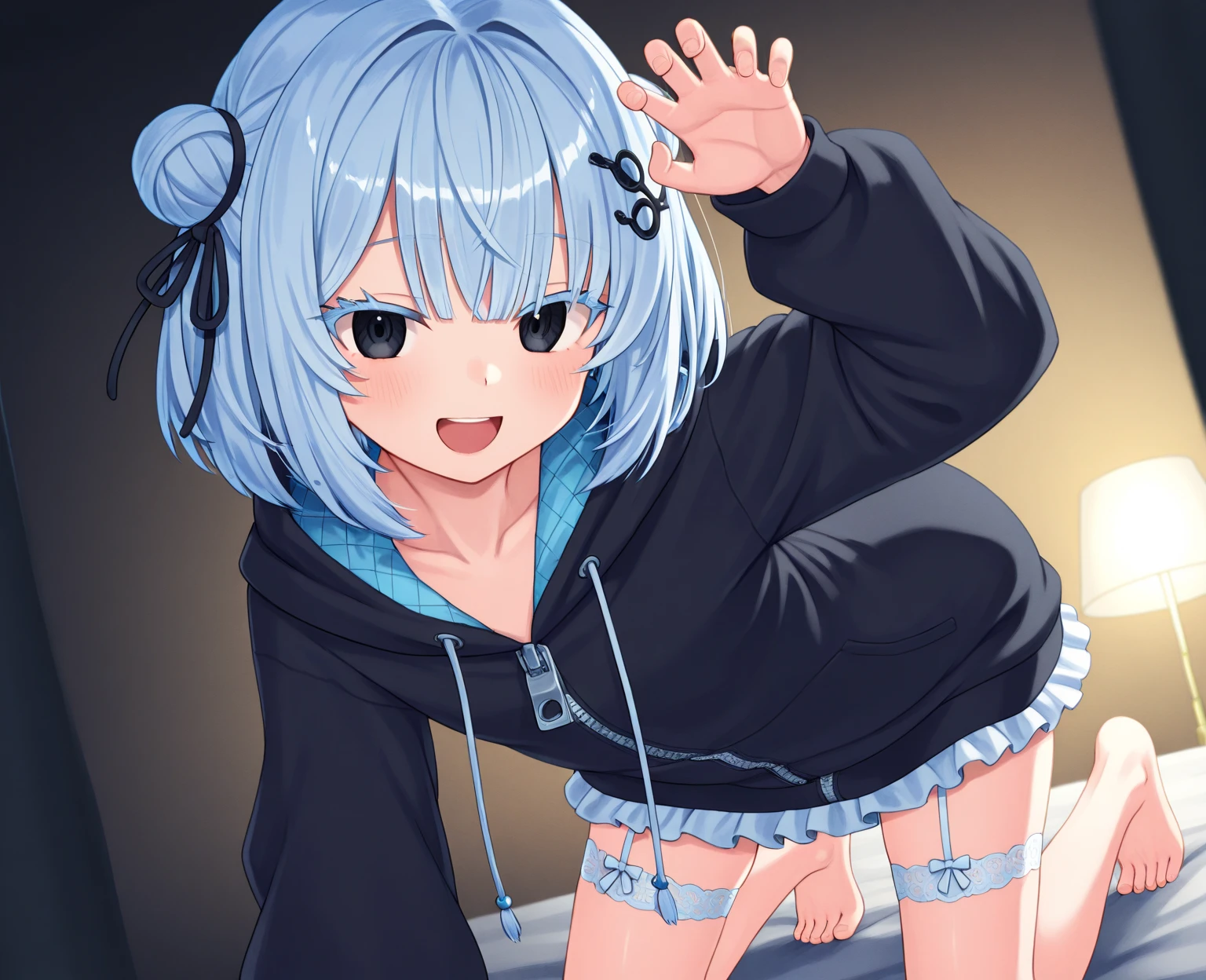masuter piece, Best Quality、Wallpaper, ultra -detail, a small face、(((molesting)))、Gray hair color、barechested、((shame))、(Teary-eyed)、(((Nothing is worn)))、((Girl being touched by a man))、small cherry-colored nipples 、Angle seen from below、ample breasts