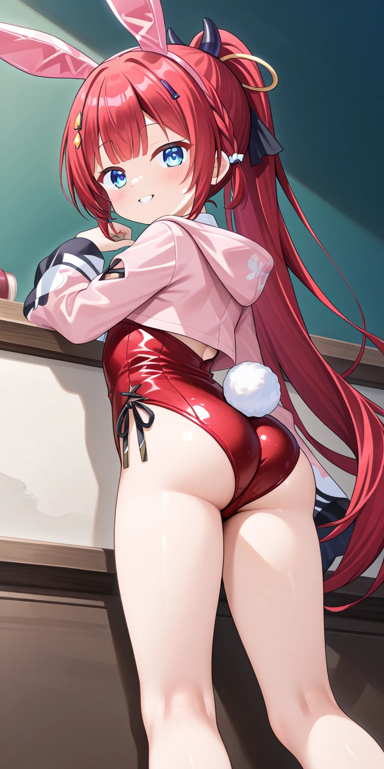 Best Quality, High resolution, Unity 8k壁纸, (Illustration:0.8), (Beautiful detailed eyes:1.6), extra detailed face, Perfect Lighting, extremely details CG, (Perfect hands, Perfect Anatomy),、 girl, ruby kurosawa, aqua eyes, medium hair, red hair, two side up, twintails, (masterpiece:1.2)、top-quality、hight resolution、unity 8k wall paper、(illustratio:0.8)、(beatiful detailed eyes:1.6)、extra detailed face、Perfect litthing、Highly detailed CG、 (perfect hand、perfect anatomia)、Look at viewers、red blush、A smile、Stand on the escalator, (By up escalator), (lower body shot), Thigh Focus, (Taken from the bottom 1.3), (View from behind1.3)、 (Panties with a variety of patterns:1.3)、(Skirt that rolls up:1.3)、(Fully exposed panties:1.5),(Show your ass:1.3)
