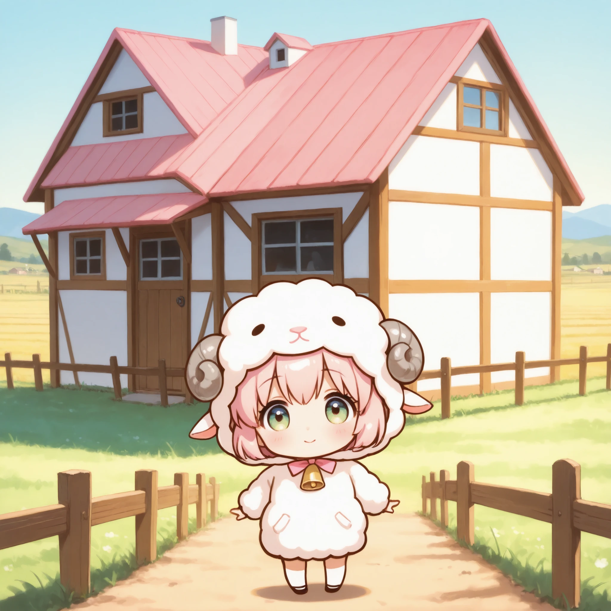 chibi anime girl, wearing a sheep-themed hood or hat, cute expression, standing in a farm landscape, green fields, wooden fence, blue sky, barn in the background, pastel colors, soft lighting, kawaii style, highly detailed, anime artstyle