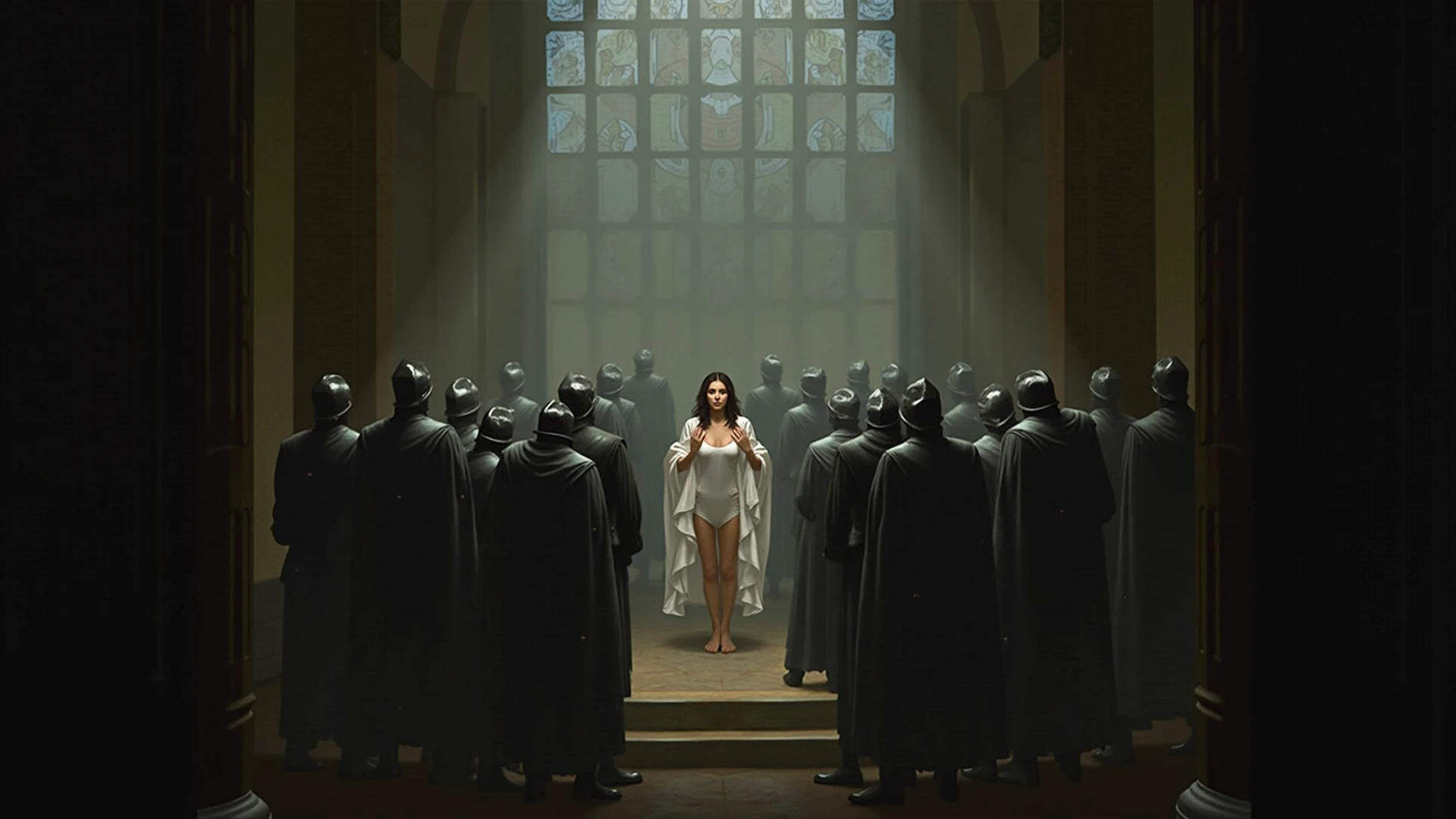 A church that is a circus tent. God is dressed as a rich clown, the Devil is a beautiful horned seductive woman with curves. The Pope is dressed as a clown. The audience are puppets. Jugglers, Busty naked women breastfeeding adult men, prostitutes on their knees sucking the priests' penis