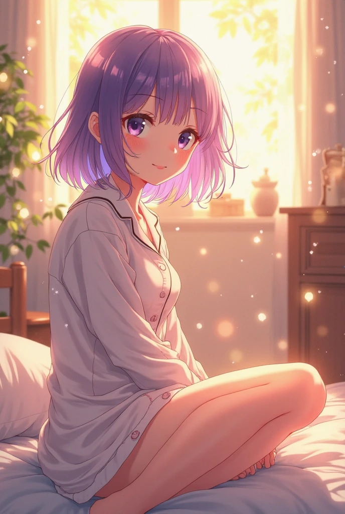 ((8k, Best Quality, Masterpiece: 1.3)), Ultra High Resolution, (One Girl, Alone), (Color Changing Eyes, Super Detailed, Expressive Sparkle, Sparkling, Glowing Eyes), Highly detailed eyes, A girl with a purple short bob cut with slight curls and emerald green eyes that shine gently is relaxing on her bed. She is wearing a simple white t-shirt and light, loose denim shorts, which makes her look realistic yet sexy. The background of the room is a light pink wall and white bed linen, with a simple nightstand and desk lamp by the bed. The natural light from the window gently illuminates the room and highlights her emerald green eyes. She is lying on her bed with a relaxed smile on her face as she looks at the camera. The angle is from a slight sideways angle, which highlights her facial expression and relaxed posture.