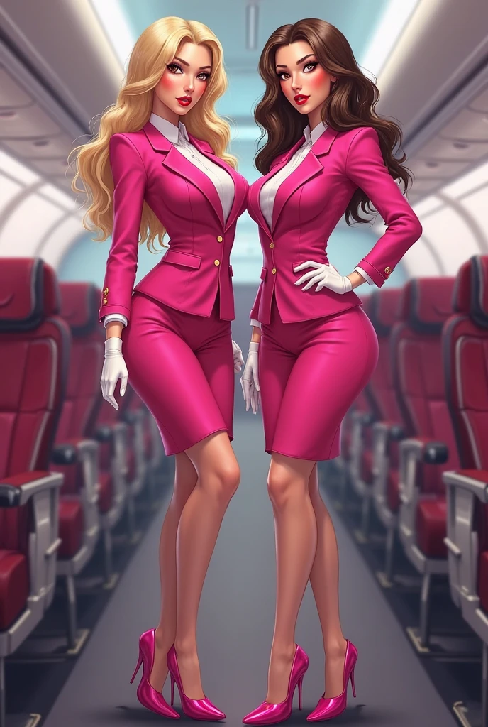 tanned Brazilian woman, dark-skinned girl, Two girlfriends, muscular legs, muscular calves, Strong legs, muscular hips, wide thighs, Curvy hips, high-heeled sandals, tights in a net, Stiletto heels, Women's business suit with a short skirt, large ring earrings, He really wants to pee, On board a luxury superjet, Seating, giving a hag, comforting one another, Leg by foot, wants to pee,  desperately wants to pee, wants to urinate, An expression of shame on his face, confusion, crying, Palm on stomach, crumples the hem of the skirt with his hands, Knees clenched, Hips clenched, Tense posture, bites his lower lip, full bladder, terribly wants to go to the toilet, anatomically correct, Realistic,