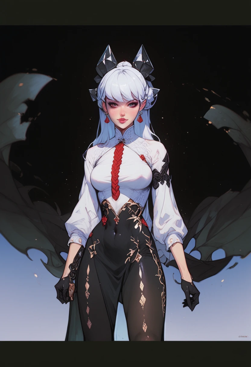 (Ashenhardt style:1.4), Masterpiece, Best quality, High quality,(Red eyes with dark red glow), (in profile), Abstraction, Deep Sea, Award-winning photography, Depth of field, HDR, Very detailed, Trending in art station, Trending in CGsociety, Complex, High detail,(Masterpiece: 1.2, highest quality), (Best lighting, very delicate and beautiful), (Best lighting, Very delicate and beautiful), (beautiful detailed face), (detailed eyes and detailed face:1.2),fantasy, (young girl, 1girl, solo, crazy smile, pale skin,gradient ultra-detailed hair,striped hair,G cup,cleavage,19 piercings,((tattoos all over the body,tribal tattoos all over the legs)) gray hair, glowing red eyes, dynamic angle, vampires), ((((graffiti mural wall background: 1.15))))), (standing in a crossword in a narrow street: 1.2) , art painting on the ground, pointy_ears, fangs, blood rain on face, blood mist, (depth of field),high contrast,(blood splash: 1.4),cowboy shot,full body, colorful poses,(((Uniform,Blazer, White Blazer Ruffled Mini Skirt,Light Color Panties:1))),Cowboy Shot,Denim Jacket,