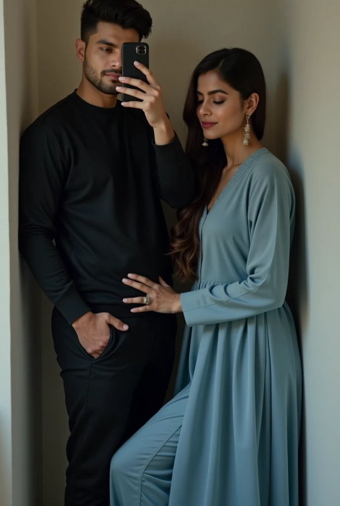 a man wearing a long-sleeved black shirt and a cap is standing while leaning, embracing the shoulders of a woman wearing a floral patterned dress, background the living room, pas photo, front view, look from front, detail realistic UHD 4k