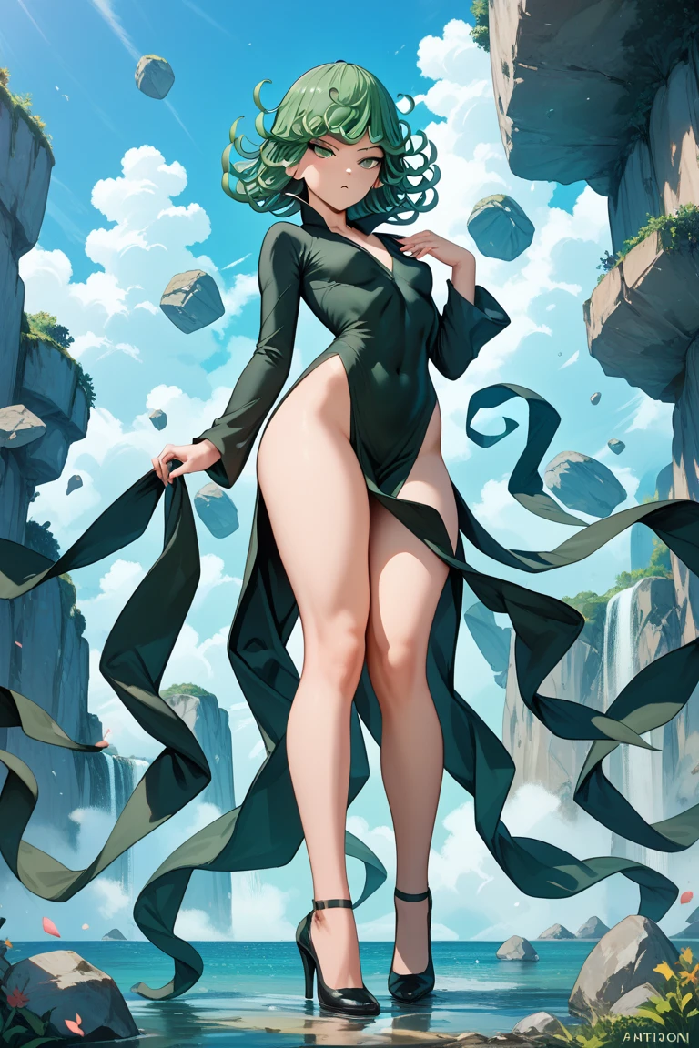 masterpiece, best quality, ultra-detailed, illustration, epic lighting, cinematic composition, 1girl, tatsumaki, big breasts, black dress, pelvic curtain, long sleeves, green eyes, glowing eyes, crossed arms, pouting, closed mouth, piercing gaze,standing, legs apart, from below, looking at viewer, blue sky, (8k:1.1)
