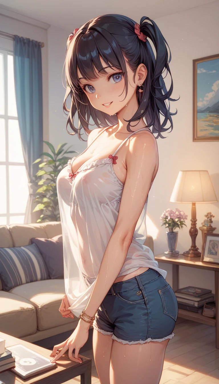 Anime Kawaii sexy Perfect Slim sensual body large breast and huge thighs, An intricate and highly detailed illustration of anime (Young girl) (masterpiece:1.2), Detailed fingers, Beautiful woman, Sitting on the bed, She is wearing a loose off-the-shoulder top., Pajama pants, Short Curly Hair, indoor, Soft lighting, Background plants, Window with sunlight, Cozy rooms, Relaxed pose, Intricate details, Warm colors, Japanese schoolgirl, stretching arms upwards, yawn loudly
