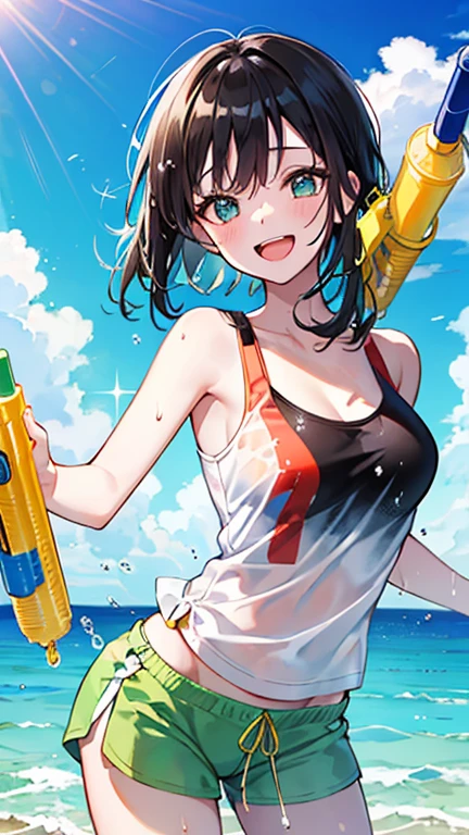 Highest quality、masterpiece、beautiful、detailed、Year: 12、Black hair twin-tailed female elementary school student、beach、Pouring sunlight、Dynamic pose、Spraying water with a water gun、Angle from below、smile、Slim figure、Soaking wet、erectile nipples、open vagina、pussy