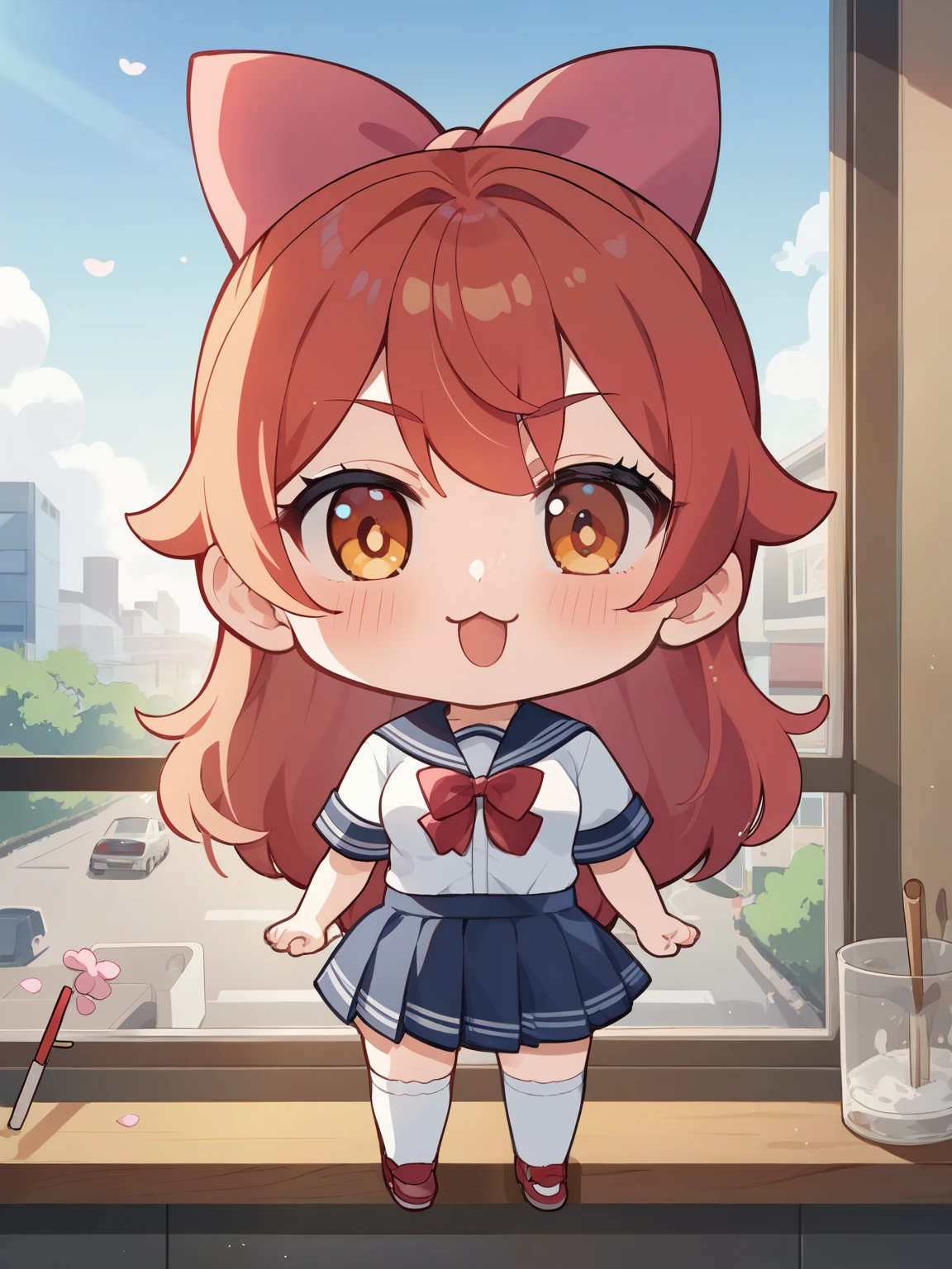 score_9, score_8_up, score_7_up, source_anime, tag1, tag 2, nsfw，uncensored，(( chibi:1.45))，Japanese high school girl, Very beautiful and fragile Japanese girl, a boyish cool face with a sporty vibe, (wearing a cute grey Japanese high school uniform（ a white shirt with a blazer and skirt ）, red ribbon), (she is standing drawing an adorable giant fat cat  on the blackboard at a class room), she is drawing a giant fat cat \( drawn only in white chalk, chalk drawing, giant fat cat , , happy, cute face, is big, sitting on a truck bed, sunny day, The truck runs on a gravel road\), amazing artwork on a blackboard, with a big cat sitting on her desk, A cluttered classroom, Cherry blossoms are in full bloom outside,  window, curtains, ，written depth， Delicate Anime ，Pretty Cure style，glitter，City Back Alley，wall，Graffiti Magic，