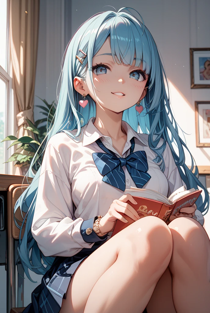 Anime - style image of woman with long hair and blue eyes sitting on sofa, small curvy , lolidress, [ 4 k digital art ]!!, Smooth Anime CG Art, anime moe art style, Seductive Anime Girl, Chic, 8k high quality detailed art, photorealistic anime girl render, render of april