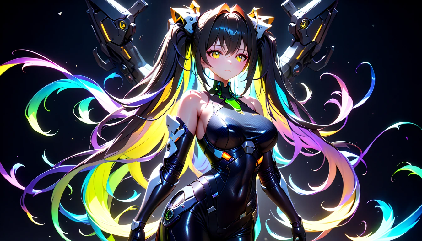 1girl, solo, Foto de Corpo inteiro, Japanese kimono open, saia branca apertada, Cyber girl, cybernatic, half of the android body, (solo)(Ela tem grandes olhos verdes esmeraldas brilhantes)(black knee-high boots) (((cabelos lisos verdes))(cabelos longos)((Seios muito enormes)) (Corpo fino perfeito), ((Posando sexy)) (master part, High definition, Volumetric lights and dynamic shadows)((master part))(8k)(rosto perfeito)(ultra detalhes) (perfect hands, olho, e rosto)(cidade futurista)