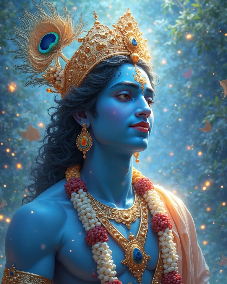 Lord Krishan,full dody ash blue, golden tiara crown with a single peacock feather, wearing saffron robe, amber gold blue dust