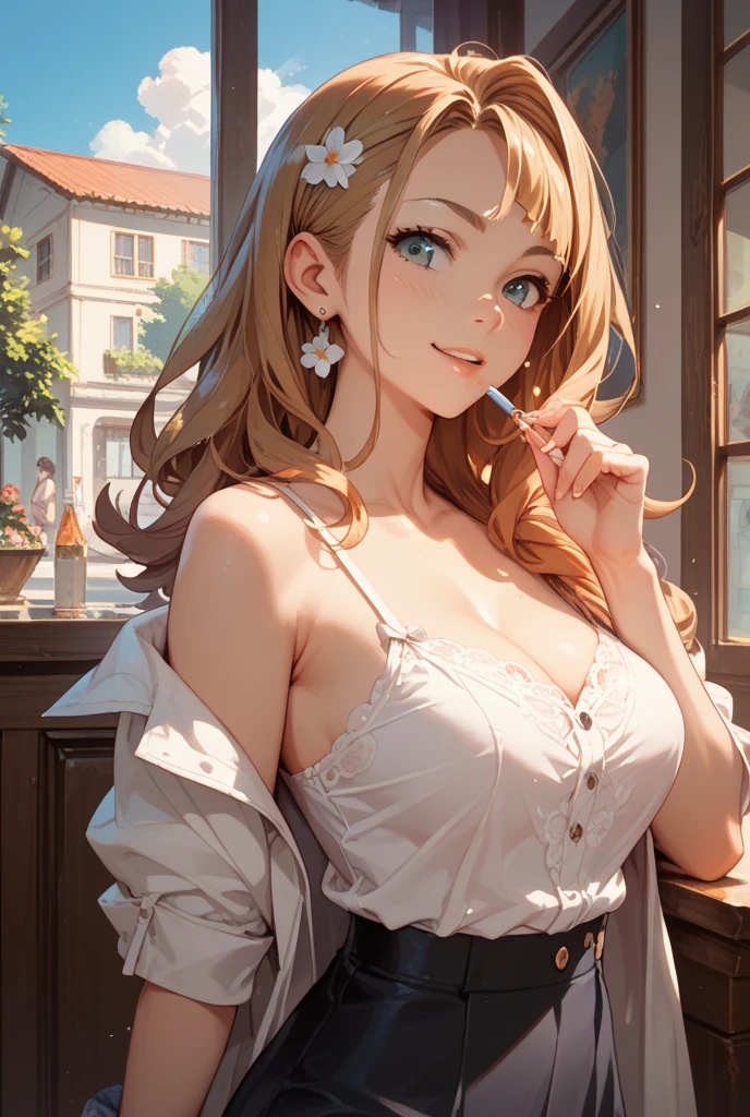 (masutepiece: 1.3), (max resolution: 1.2), (Ultra HDTV: 1.2), cinema lite, Ultra HDTV, (Detailed eyes and skin), (detailed facial features), 8K resolution, Sharp Focus: 1.2, Perfect Style, Beautiful Face, accurate, Anatomically correct, Highly detailed face and skin texture, Detailed eyes, Dark-blue eyes, Double eyelids, Thin eyebrows, (dropped eyes:0.65), (Glitter Eyeliner:1.2), Natural cheeks, Glossy skin, (Fair skin:1.2), shiny necklace and earrings, (Glossy lips: 1.4), BREAK, absurderes, One-person viewpoint, (she is female bar hostess), (While Wearing a Button up White shirt:1.3), BREAK, (wear a blazer of Navy:1.3), BREAK, (pleated super mini skirt of Red:1.2), ((showing bra:1.2)), (high heels), BREAK, (shy smile:1.2), ((20 years old, classy and neat girl:1.3)), (high-ponytail hairstyle, Wavy Hair), (Blond hair:1.2), Medium Long Hair, (Cowboy shot: 1.2), Focus on Face, medium large breasts, ((Offer your business card with both hands:1.4)), (( inside the bar counter)), ((In the erotic Bar at night:1.4)),