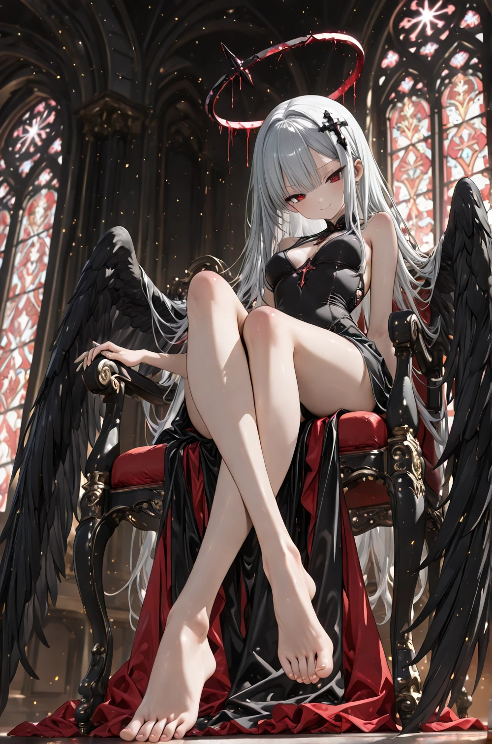  ((best quality)), ((masterpiece)), (detailed), 1girl, Character design, female, dynamic poses, long white grey hair, grey white eyes, very skinny, detailed, best quality, no accesoires around the neck, no shoes, prominent collarbones, skinny arms, flat stomach, visible hip bones, full body, blank white background, plain background, white background, red and white clothing, Bloodborne inspired, occult aesthetic, occult, detailed and intricate steampunk and detailed gothic, NSFW, Very dramatic and cinematic lighting, cosmic horror, grim-dark, side-lighting, perfect face, NSFW, Fluttering lace flared long knee length dress with frilly petticoats, knee length dress, pleated petticoats, petticoats gothic, complex lace boots, side-lighting, gothic aesthetic, wielding a mighty sword with mechanical components, mandalas, small breasts, a fairy, various different types of insect wings, NSFW, full body, whole body, body, plain background, white background, blank background, no background, white background NSFW, chains, full body, whole body, head-to-toe NSFW 