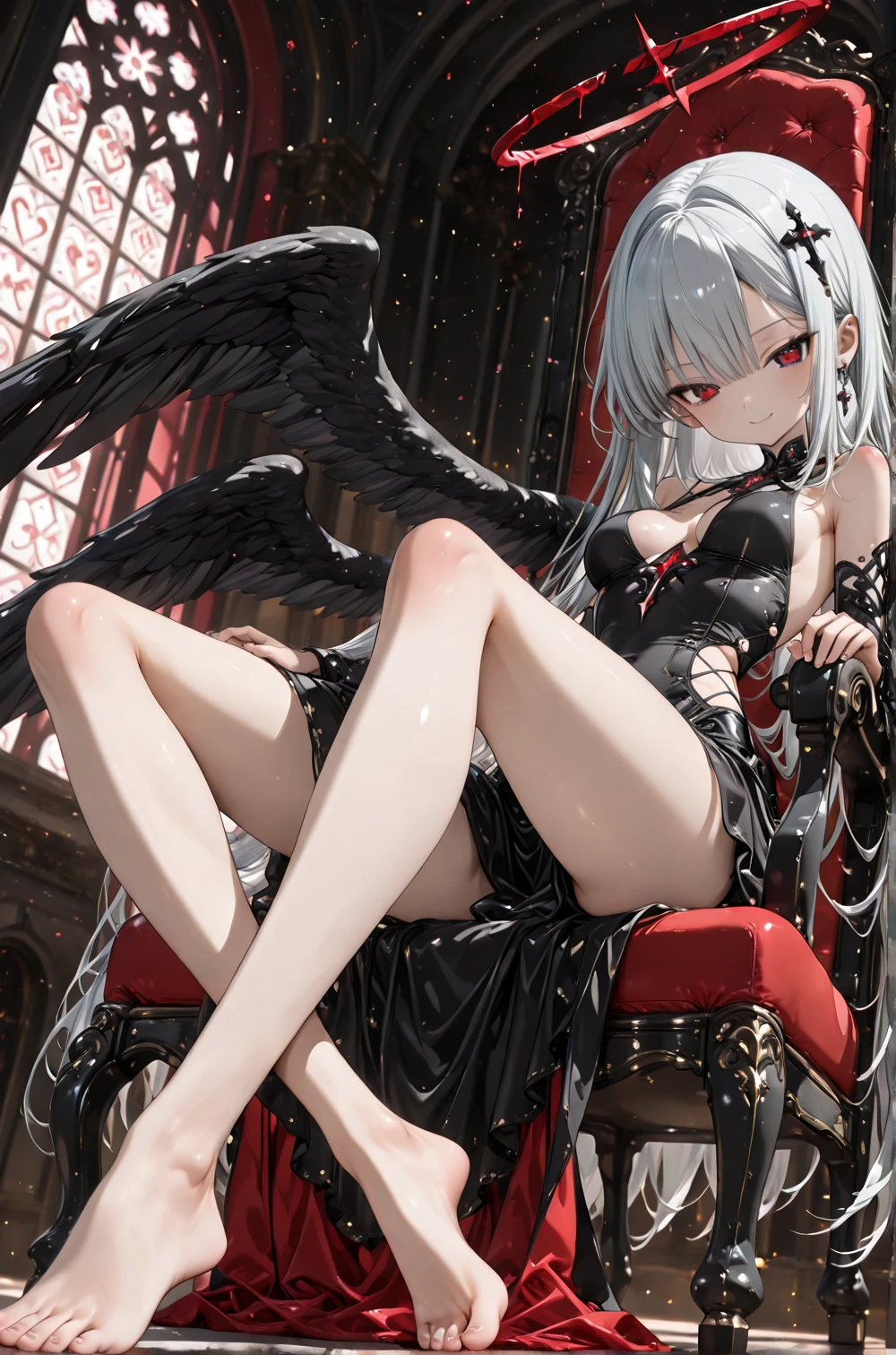 ((best quality)), ((masterpiece)), (detailed), 1girl, off-shoulder, Character design, female, dynamic poses, long white grey hair, grey white eyes, very skinny, detailed, best quality, no accesoires around the neck, no shoes, prominent collarbones, skinny arms, flat stomach, visible hip bones, full body, blank white background, plain background, white background, red and white clothing, Bloodborne inspired, occult aesthetic, occult, detailed and intricate steampunk and detailed gothic, NSFW, Very dramatic and cinematic lighting, cosmic horror, grim-dark, side-lighting, perfect face, NSFW, Fluttering lace flared long knee length dress with frilly petticoats, knee length dress, pleated petticoats, petticoats gothic, complex lace boots, side-lighting, gothic lolita aesthetic, wielding a mighty sword with mechanical components, mandalas, small breasts, a fairy, various different types of insect wings, NSFW, full body, whole body, body, plain background, white background, blank background, no background, white background NSFW, chains, full body, whole body, head-to-toe NSFW