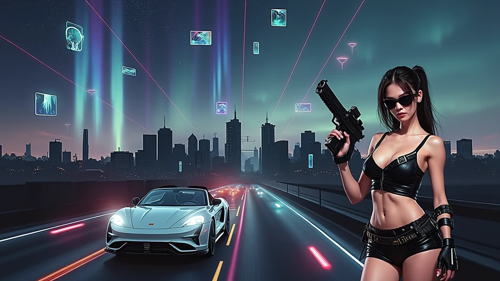Matrix inspired futuristic cityscapes with colorful all-glass outlined towering skyscrapers with lightning, flying vehicle. High-resolution OLED GUI interfaces in the building, The windows are filled with transparent data visualization infographics that show it all, close-up green glowing cascading code. Colors are saturated and vibrant. At night, (1girl, solo, alone), photorealistic, large-breast slim:0.6 body, oval:0.5 face, cleavage:1.1, very low angle view of pleated miniskirt, deep-v, (upskirt), glove, (Matrix style black micro sunglasses), (aiming viewer with a short gun), dynamic running pose, ((half-body thigh level close-up shot)), cinematic lighting, ray tracing, motion blur background.