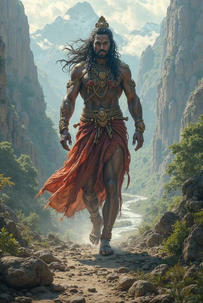 Orisha Black Man, rey, guerreyro, red or brown clothes, on a mountain, lifting a double-sided axe in his hand