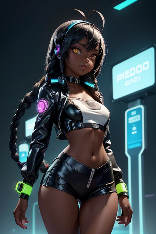 Cartoon, Cartoon Style (masterpiece, best quality, ultra_detailed, highres, absurdres:1.2), Pretty 1girl, speakini, multicolor medium hair, (black and white hair:1.3), (dark skin:1.5), (slight smile:0.8), (mask:0.75), face straps, bra, bare shoulders, wristbands, dark gray elbow gloves, dark gray thighhighs, fingerless gloves, neck choker, vibrator, harness, headphones, cybernetics, looking at viewer, cellar, eating a sandwich, lotus, dynamic pose, solo, alone, movie poster, ((volumetric, rim) lighting:1.3), (full body:1.5), <lora:speakini_xl-gen1-v1.2-000143:0.425>