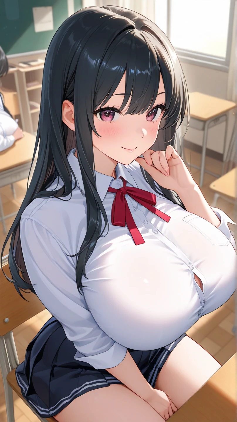 masterpiece, best quality, best lighting, shadows, perfect anatomy, 1 girl, adult anime girl, 21 years old, mature features, showing tits, bitchy face, pretty lips, pretty eyes, black wavy hair, black eyes, seductive eyes, blushing, flirty, pretty smile, tiny red skirt, wet white tight shirt, classroom background, ass, breast, thighs, seductive, spicy, hot, flirty, nsfw,