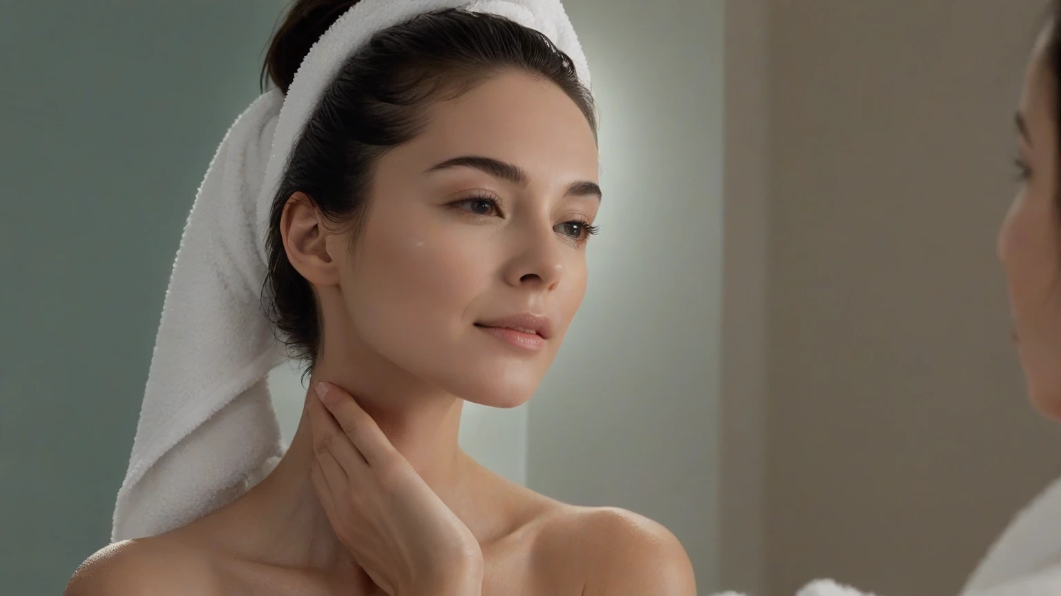 anikaxxx, a beautiful woman with glowing, flawless skin, in a chic, modern bathroom. She is standing at the vanity, gently applying a nourishing face mask with a serene and content expression. Her hair is wrapped in a soft, white towel, emphasizing her fresh and clean look. The bathroom features elegant marble countertops, a large mirror, and warm, natural lighting that highlights her radiant complexion. Emphasize the clarity and health of her skin, the relaxing atmosphere, and the luxurious self-care routine.