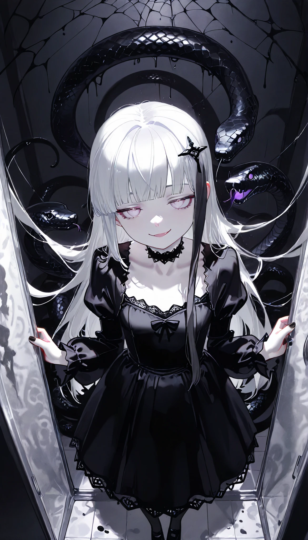 anime Vampire Princess, long white hair, gothic style, roses in hair, dark black eyelashes, white glow irises, fangs, light blue dress, digital illustration, comic style, gothic renaissance, perfect anatomy, centered, approaching perfection, dynamic, highly detailed, gothic castle detailed background, blood, artstation, concept art, smooth, sharp focus, illustration, art by wlop and ross tran ,glitter