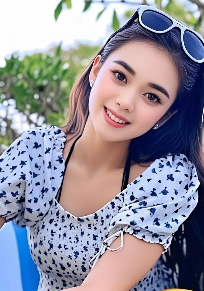 One girl, alone ,masterpiece, Highest_quality, photo shoot, looking at the camera, Young people , Happy expression, (Porcelain-like skin), Brown eyes, (Black Hair), (Messy Hair), White dress, jeans, White skin, night, Bali background, standing with legs bent, Instagram Trends、Large chest and butt