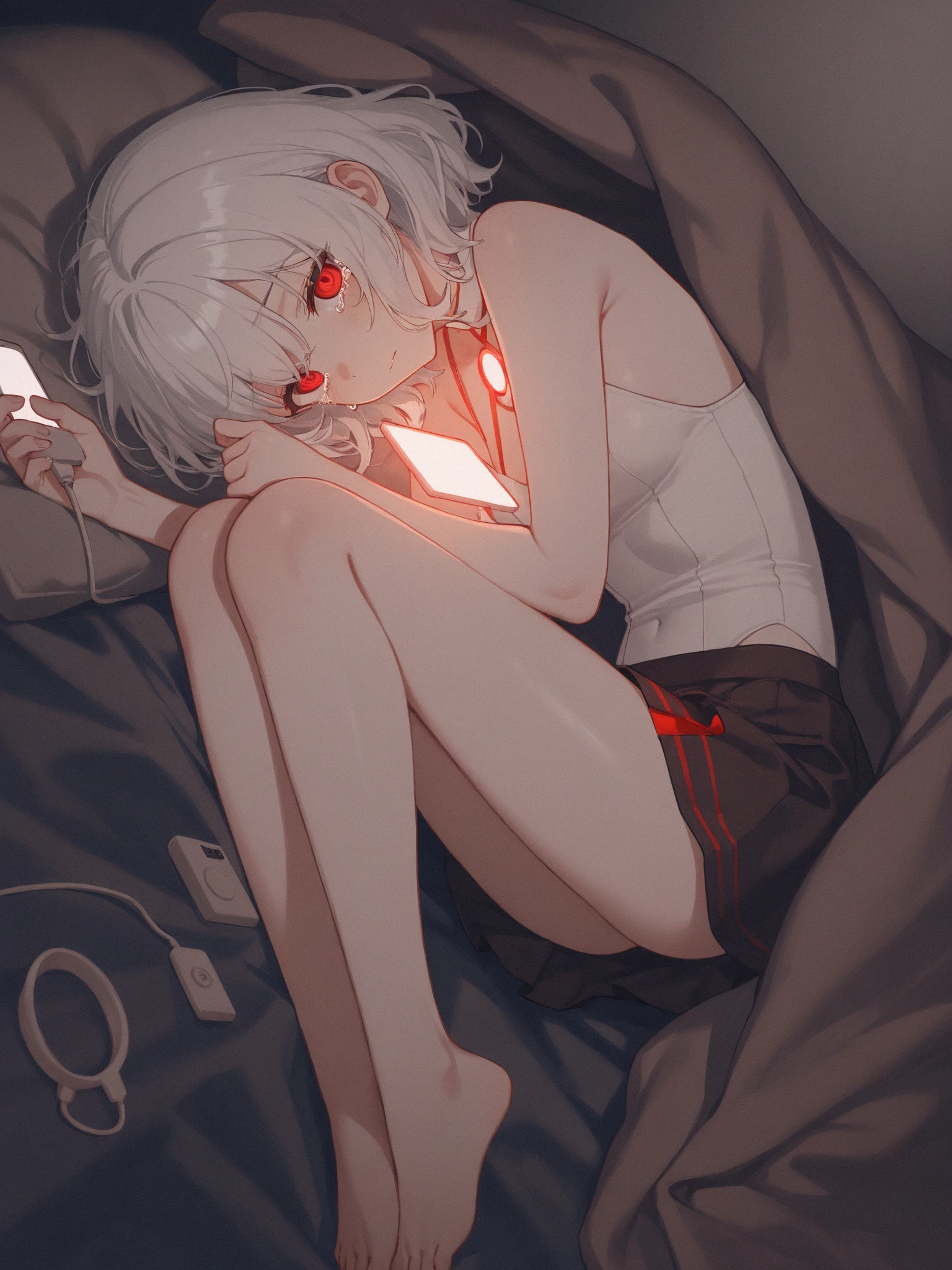 (masterpiece, high quality, highres, illustration) 1girl, infantine, little ,absurdly_long_hair, bob cut, gray_eyes, light_yellow hair, torn white t-shirt, thigh skimming oversized shirt, little single Curled_horn, in laboratory, crying, cried so sadly frightened_face, horror, torn cloth, black eyeless monster connected to her back, black floor, looking_down, no pants, intravenous drip, IV, sick, dutch angle, infantile, juvenile, hand_chain, slaughter room, dark, dark outside, blood, sweat shirts, time_night, bloody tear, tear of blood, no pants, patient, on the cot, on the hospital bed
