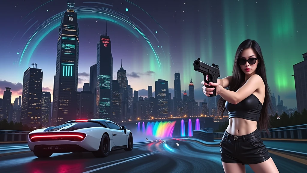 Futuristic cityscapes with colorful all-glass towering skyscrapers, sleek aerodynamic vehicles speeding through the air, rainbow colors waterfalls. High-resolution OLED GUI interfaces in the building, The windows are filled with transparent data visualization infographics that show it all, from weather patterns to traffic flow, Matrix cascading code. Colors are saturated and vibrant. At night, (1girl, solo), photo realistic, medium-??????:1.3 slim body, cleavage, ???? costume, miniskirt, (matrix style black sunglasses, holding a short gun), half-body thigh level medium shot, cinematic lighting, ray tracing.