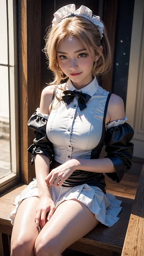8K quality、High definition、Particles of light(0.5)、High definitionの瞳、Sexy blonde maid、slender、Ripe body、Soft Breasts、Off-the-shoulder maid outfit、Red lipstick、、The hem of the skirt is twisted、Wide open realistic female genitalia、Black blouse with white apron、Open your mouth、Drooling、Twin tails、Shooting from the side、Shame