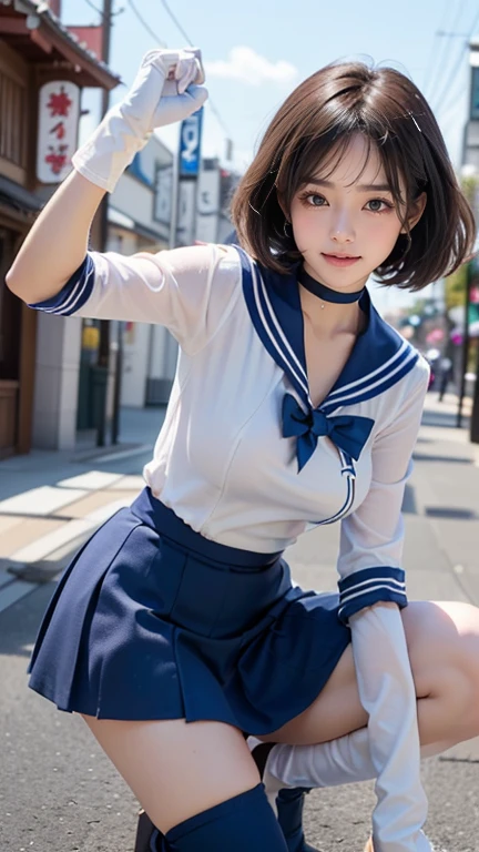 NSFW, 1womanl, (Well-formed face), (Ideal ratio body proportions), school ground, Sunnyday, (((Show off your panties to the camera))), (a sailor suit), long , Wet, Clothes are see-through, Smiling smile, de pele branca, A slender, Dark hair, short-hair, beauty legs, Small buttocks, surrealism, Cinematic lighting, depth of fields, One-person viewpoint, F/1.8, 135 mm, canon, nffsw, masutepiece, ccurate, Anatomically correct, Textured skin, Super Detail, high details, High quality, awardwinning, Best Quality, hight resolution, 1080p, 4K, 8K