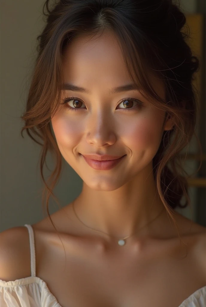 Top Quality, Masterpiece, Ultra High Resolution, (Photorealistic: 1.4), Raw Photo, 1 Girl, Brown Hair, Glossy Skin, (((Ultra Realistic Details)), Portrait, Global Illumination, Shadows, Octane Rendering, 8K, Ultra Sharp, Intricate Ornaments Details, realistic skin, sweat effect,   very intricate detail, realistic light, CGSoation trend, brown eyes, glowing eyes, disney princess belle