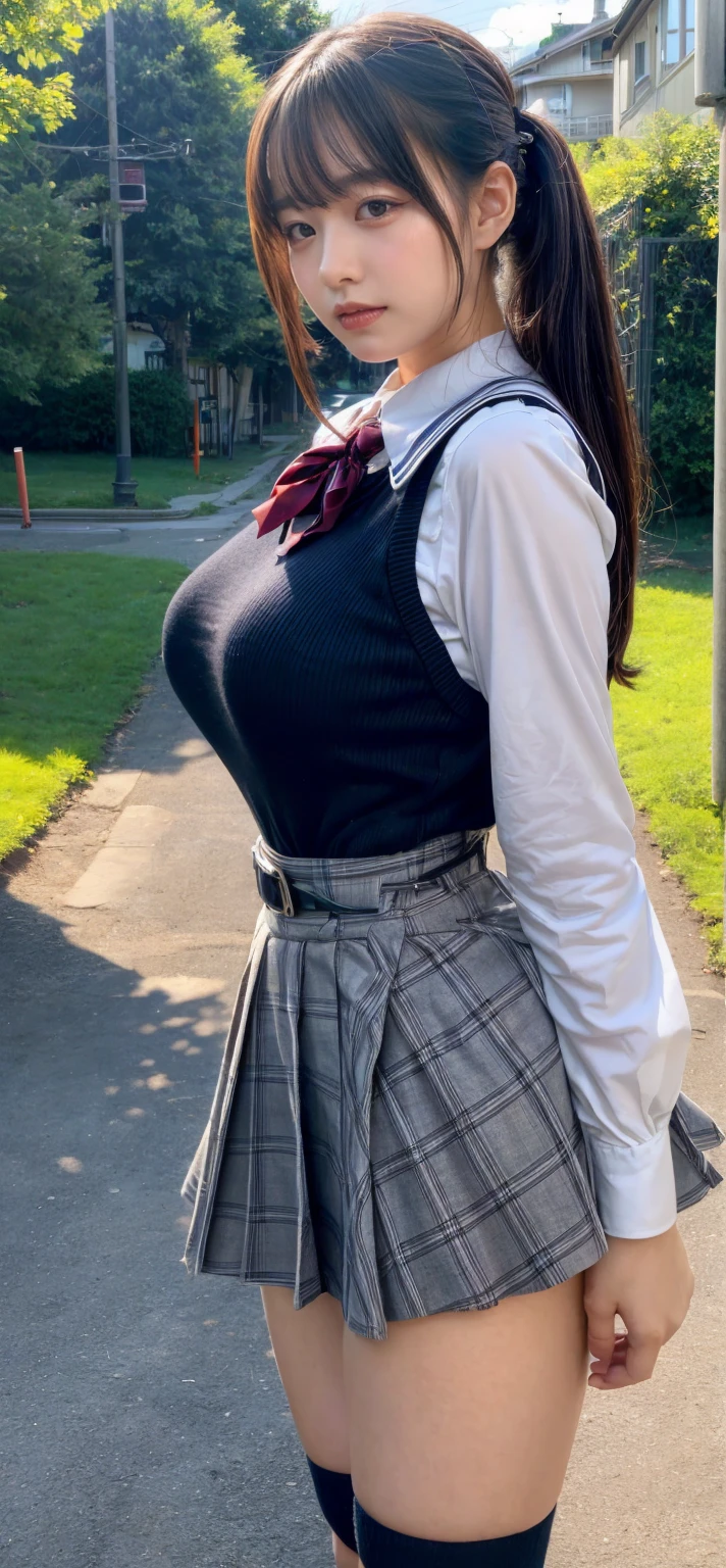 ((Best Quality)), ((Masterpiece)), (detailed), 1 girl, white button-down t-shirt, purple skirt, high brown stockings, black high-heeled sneakers, Pastel yellow hair, long hair, hair covers one eye, purple eyes, tight, big breasts, big thighs, expression smiling shy, walking in a park