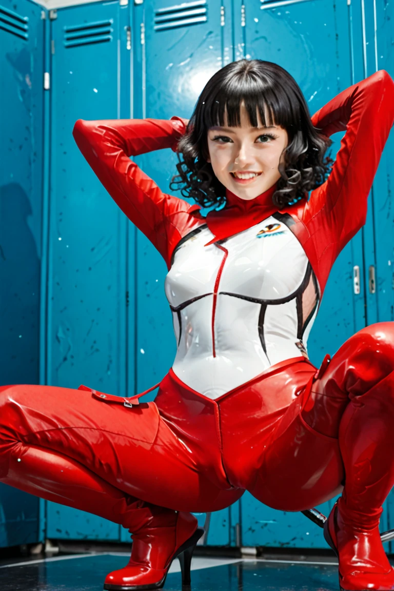 （8K、Raw photography、top-quality、​masterpiece：1.2),(Open your legs wide),(A dark-haired、poneyTail、Curly hair:1.5),watching at viewers,Looking at the front,Erotic,de pele branca,(brightly colored plug suit:1.7)、Clothes that emphasize the shape of your breasts、absurderes,、超A high resolution,,ren,Beautiful fece,(One Person, 独奏、without background:1.5),fullllbody,hi-school girl,A Japanese Lady,is standing,（Photorealsitic：1.37）、Photon mapping,Realistic、(Cute little face: 1.7)、(Cute smile: 1.7)、(with round face: 1.7)、Radio City、Physically Based Rendering、Foreground、depth of field rally background、a picture,beauty legs, Knees are visible,Thigh close-up,Nogizaka Idol, Japanese ido、huge tit、full bodyesbian、super definition、Sit on a desk and spread your legs