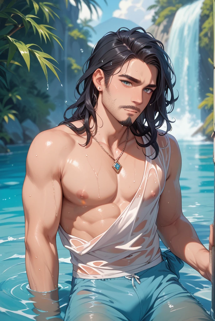 alexios playing in the water, smile, gold laurel headwreath, topless, bare shoulders, loincloth, tan, dark skinned male, <lora:Nlo_Alexios_v1:1>