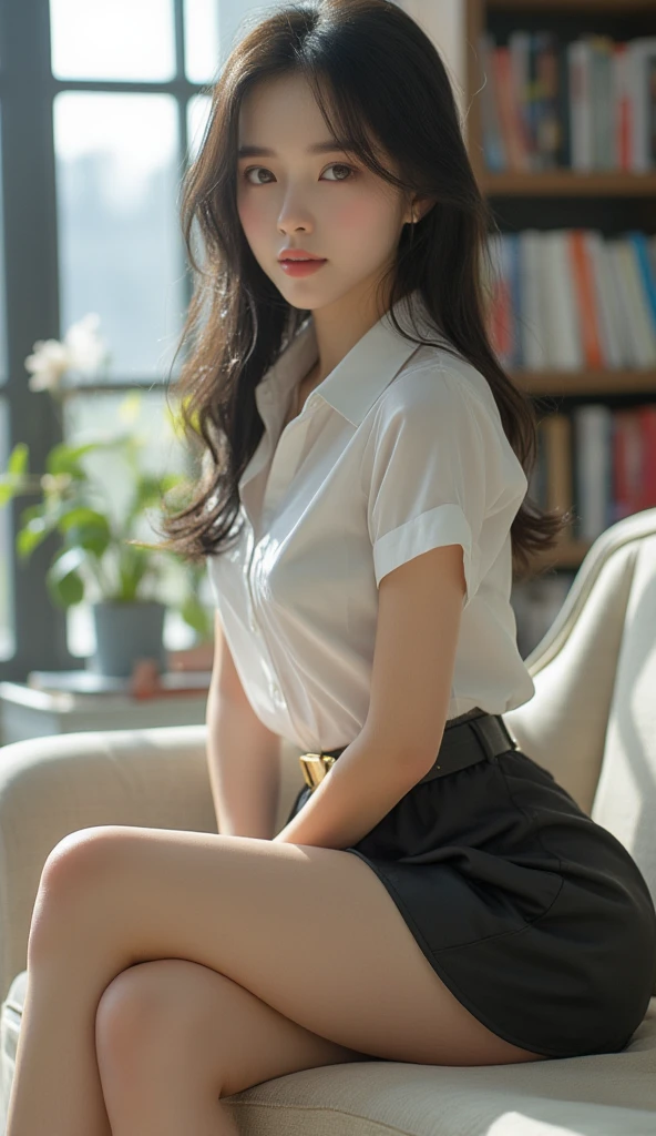 top-quality、masterpiece、hi-school girl、Black pantyhose、She is sitting in a train chair with her legs wide open、((Shot from below the front))、plump big breasts、Medium bob hair、white shirt、pleatedskirt、watching at viewers、Red face、white panties、Wet clothes、