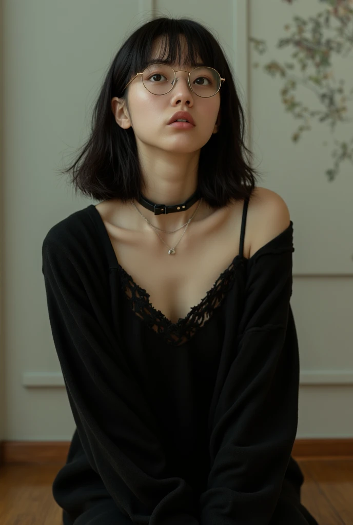 a sexy girl,Shizuku Murasaki, hxh, black hair, short hair ,short-layered black hair with, black glasses, black longsleeve, blue jeans, big eyes, golden cross pendant, spider tattoo on abdomen