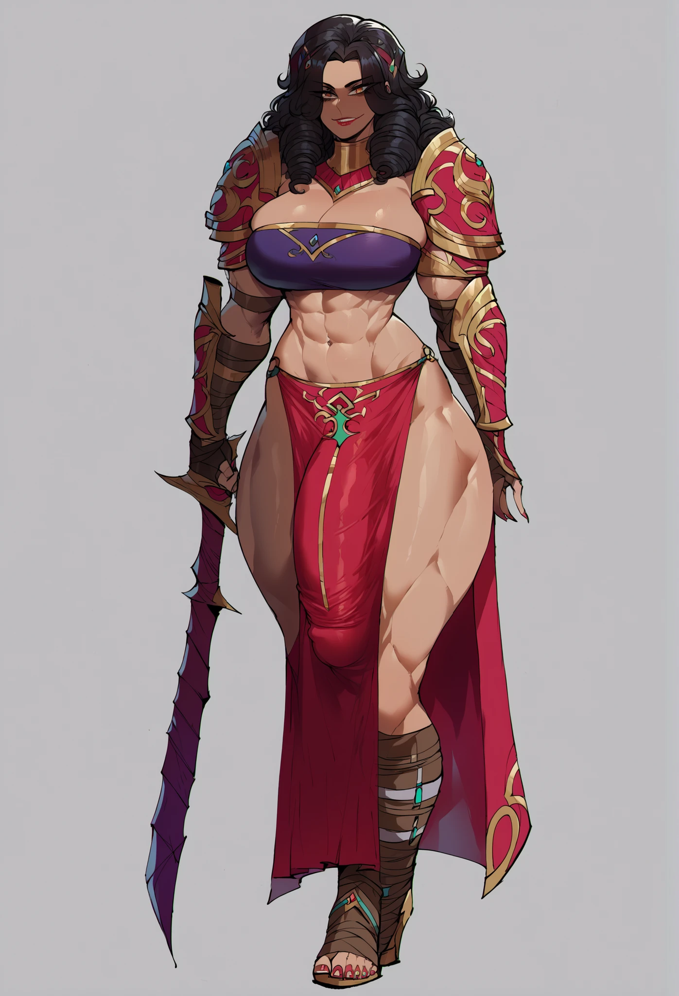 ((Full body photo, feet on the ground, straight body)), ((Laura/woman, big breasts, {black+part gold+red parts/Spartan warrior costume/extremely short and tight on body}, {very white and pale skin}, lots of tattoos on body and face)), looking at the viewer with angry eyes, smile. Background macabre marble temple with cemetery attached and blood stains on the walls. ((She has {black mohawk hair}, {green eyes}, Spartan weapons)). God of War, high detail, anime, 16k, UHD, retina, retina, ccurate, anatomically correct, textured skin, super detail, high quality, award winning