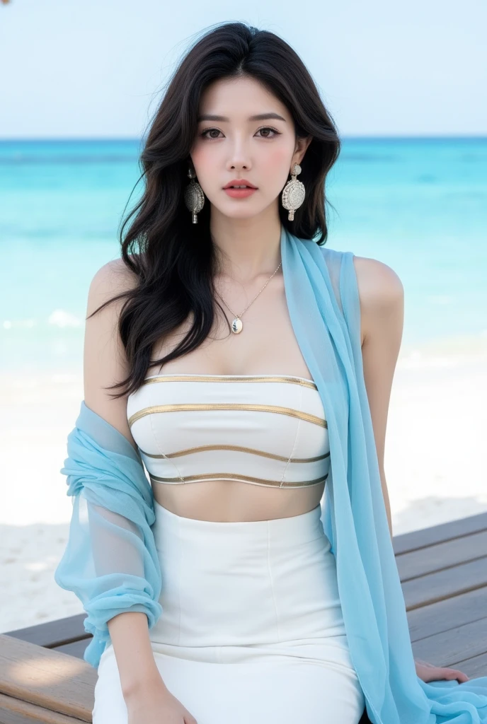 (big breasts:1.4), (wearing colorful off-shoulder side-tie bikini bottom, perfect body, happy face, happy smile:1.5), ((nipples:1.2)), (masterpiece, top quality, best quality, official art, beautiful and aesthetic:1.2), (1girl), extreme detailed,(joshua middleton comic cover art:1.1), (Action painting:1.2),(concretism:1.2),(hypermaximalistic:1.5), colorful, highest detailed, bold and intense makeup, looking at viewer, (snowy river background: 2), thigh highs, (white-yellowed long hair, blue eyes:1.5), black lace stockings, (upper body shot:1.5), earrings, crossed necklace, bracelet, queen style,
