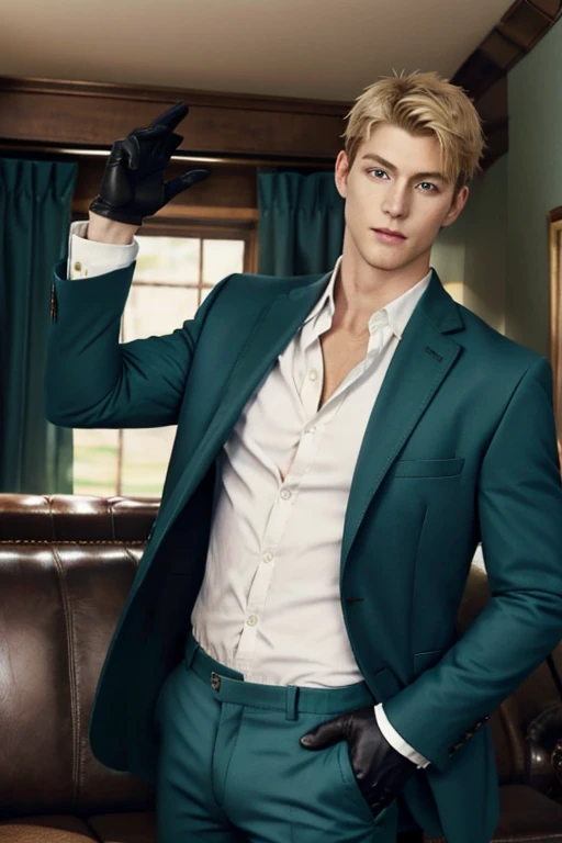 loid_forger, solo, looking at viewer, short hair, blue eyes, blonde hair, shirt, gloves, 1boy, sitting, sexy jacket, open white shirt, male focus, black gloves, pants, indoors, spread legs wide, open sexy jacket, muscular, formal, abs, cat, suit, pectorals, big huge bulge, couch, sexy green jacket, unbuttoned, sexy micro green pants, , sexy , nsfw , eroticism
