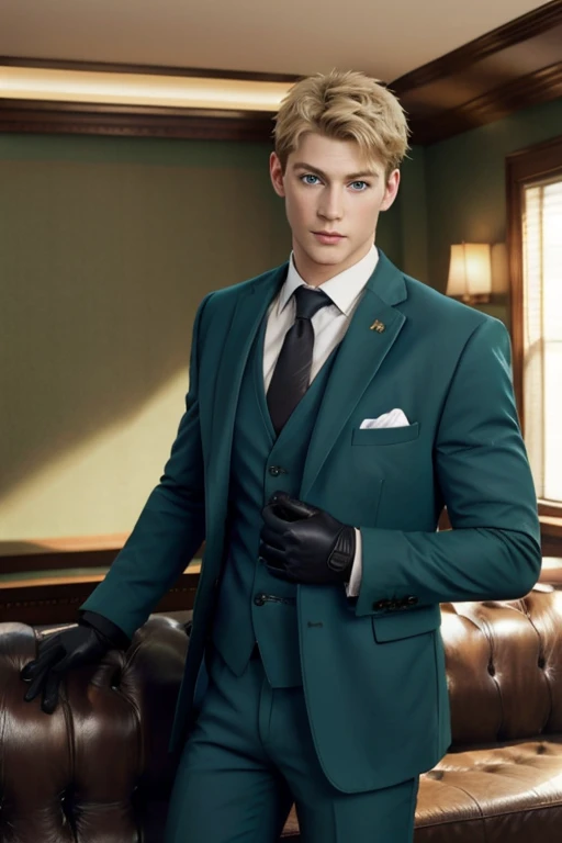 loid_forger, solo, looking at viewer, short hair, blue eyes, blonde hair, shirt, gloves, 1boy, sitting, jacket, white shirt, male focus, black gloves, pants, indoors, spread legs, open jacket, muscular, formal, abs, cat, suit, pectorals, big huge bulge, couch, green jacket, unbuttoned, green pants,