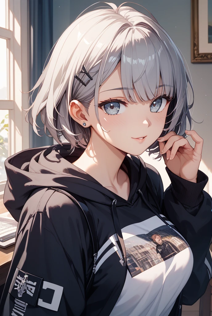 1 girl、Gray Hair、Wolfcut、black hoodie、miniskirt over GPT、 cool series、masterpiece、Highest Quality