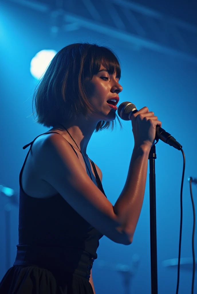 Short Bob、Japan Female Vocals、Japanese、8k、live house、Bright lighting、Black and white photography、A stage filled with smoke、punk、Woman shouting into a microphone、Dark eye eyeshadow、Face down、Gaze, chest, Ahoge, 大きなchest, 