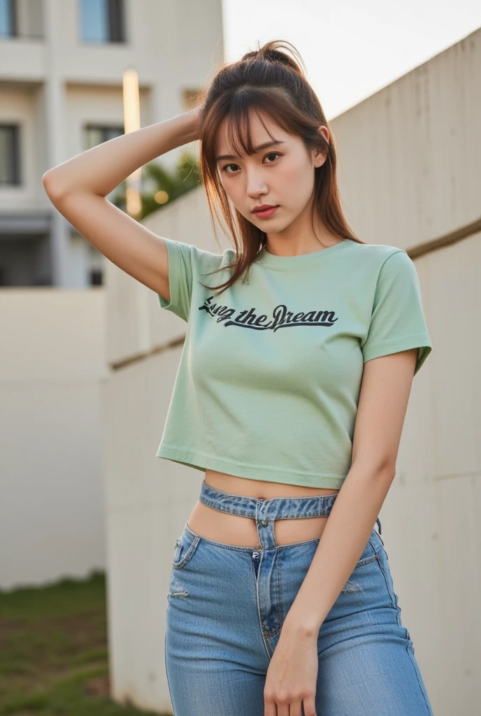 ideal round tits, cropped t-shirts, stomach, legs, pantihouse, tree house background