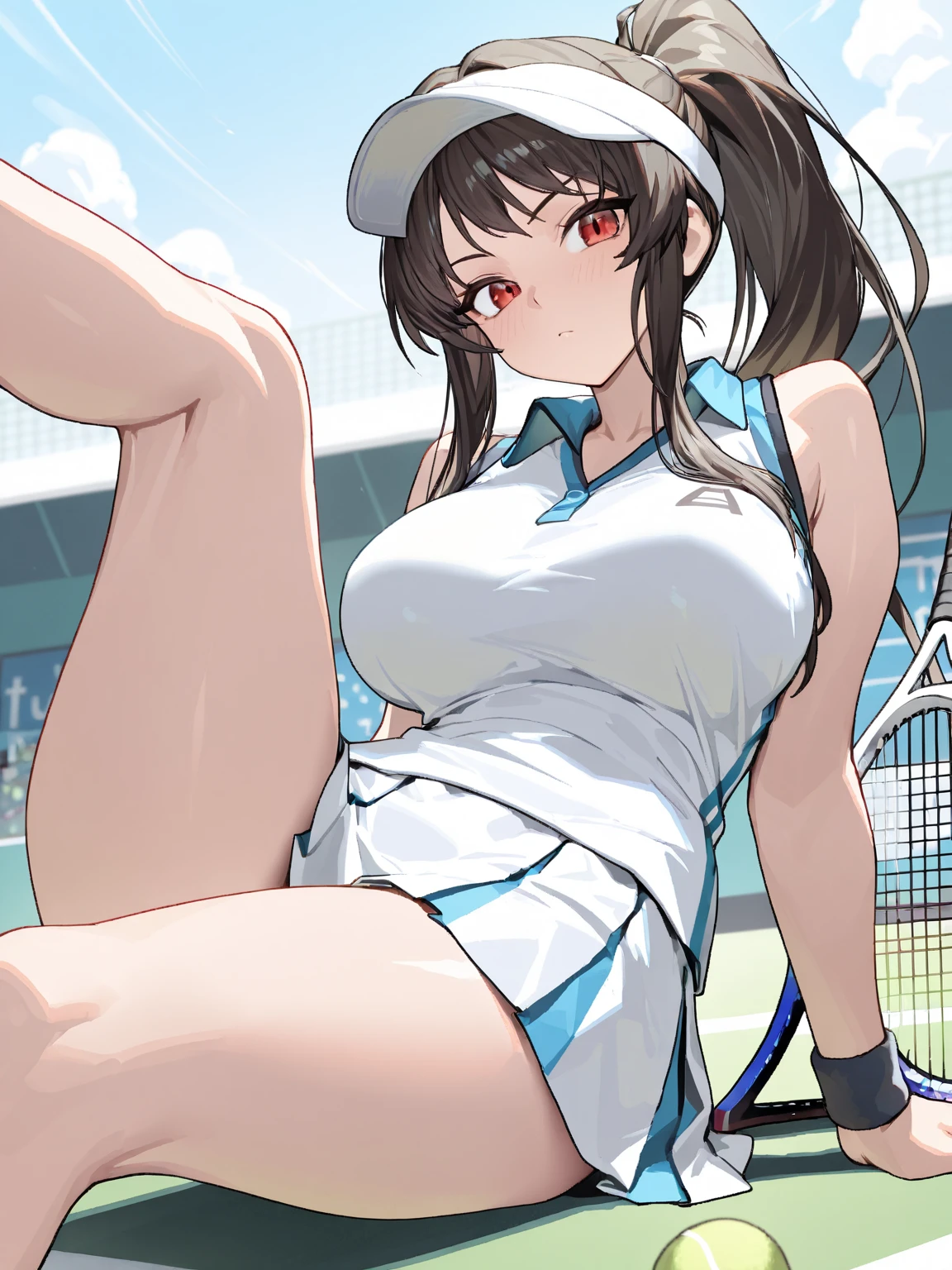 masterpiece,best quality,1girl, 18yo, beautiful girl,BREAK,(Her white tennis wear gets wet and her nipples are visible through it,Green panties:1.6),BREAK,(blush:1.5),(Sexual climax,Female ejaculation,Spread your legs:1.5)