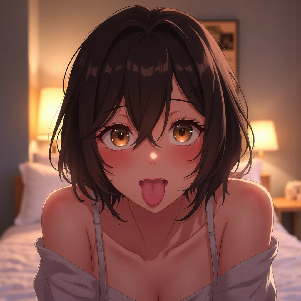 Amazing portrait of a woman who is 30 years old and an adult and a sexy woman with a beautiful face and a short bob hairstyle with her eyes closed and blushing intensely with her parted lips being desperate and flustered and lustful wearing an oversized off shoulder orange t shirt as she's laying on her bed during night time with soft lighting showcasing her red lips and her beautiful face in detail and close up 