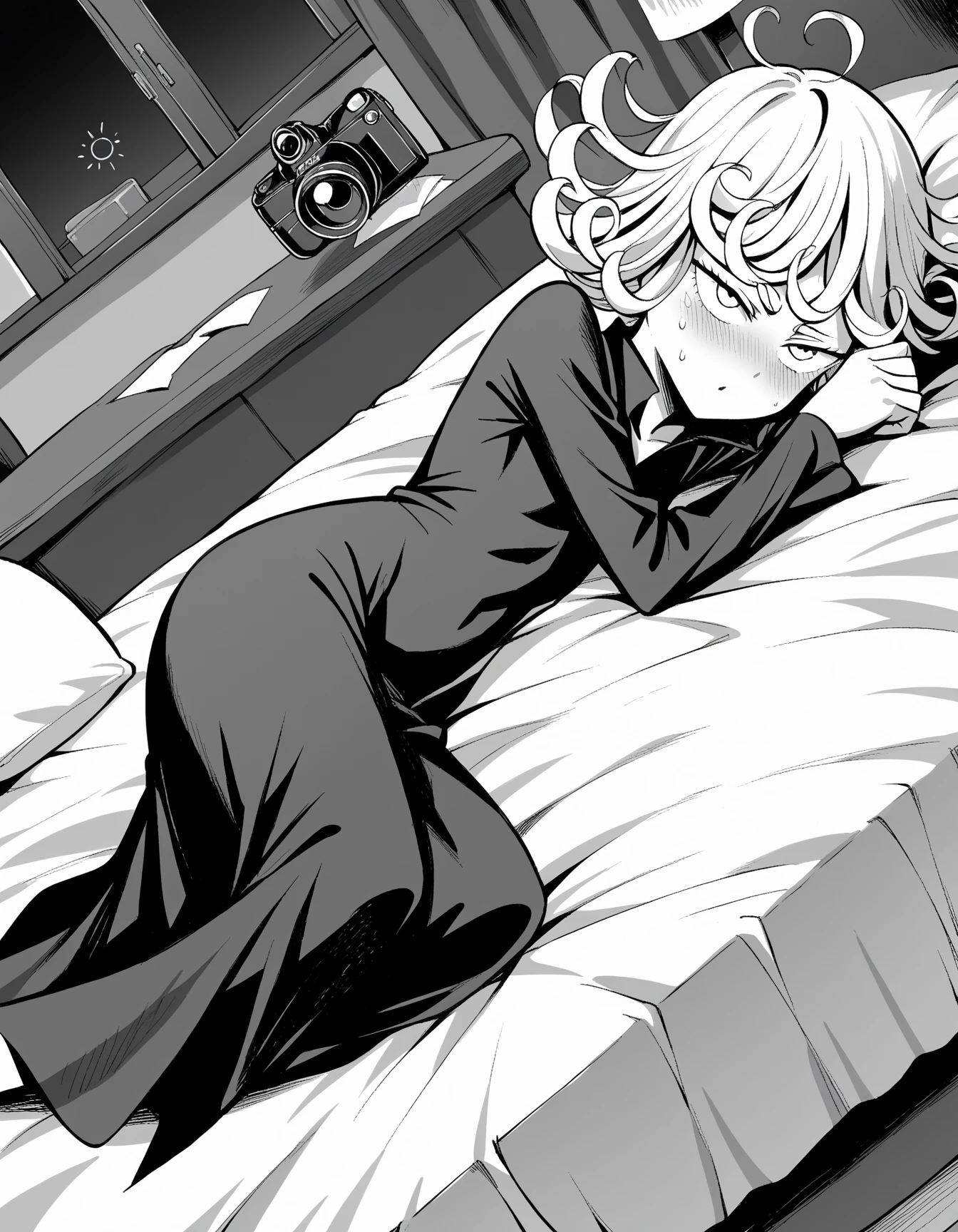  High resolution, Super detailed, Tatsumaki Tornado, Short green hair, Curly Hair, Black Dress, Long sleeve, indoor,, From below、On the bed、Lying on your back、Fold your arms behind your head、Sleeping