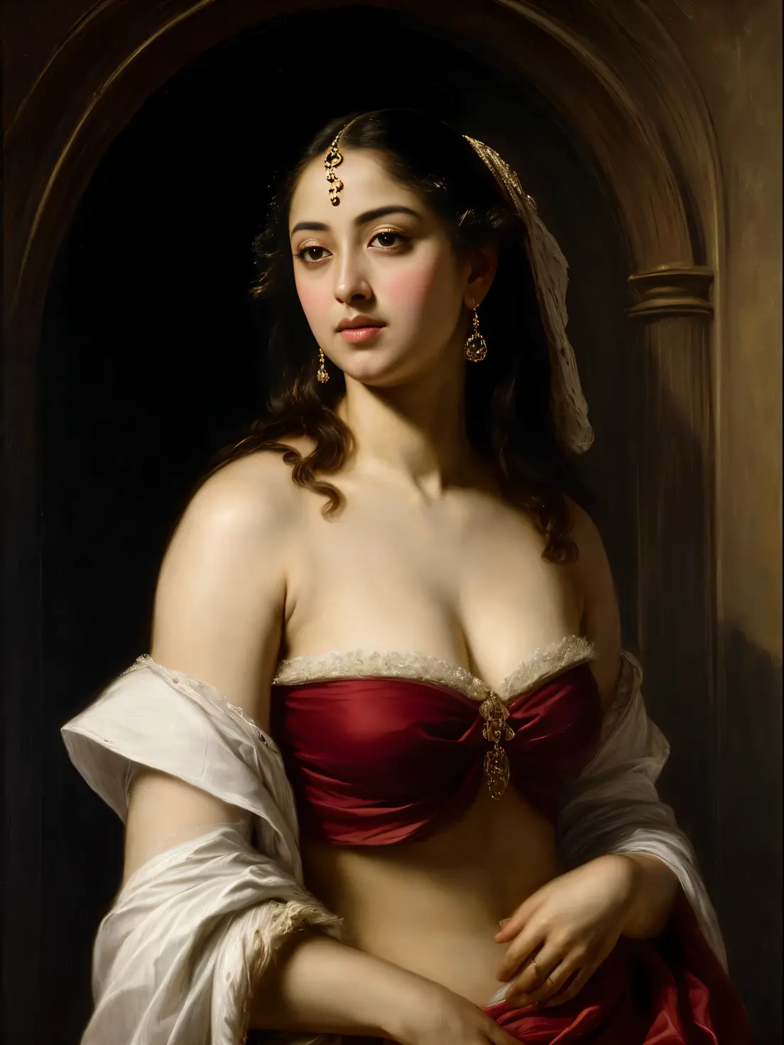 Generate an image showing a woman from the 14th century resembling the "woman with a pearl" painting. The creation should only be an inspiration and the version should be sexy and showing a naked woman painted with oil paints. Preserve the atmosphere of an old painting with cracks and sometimes slight damage.