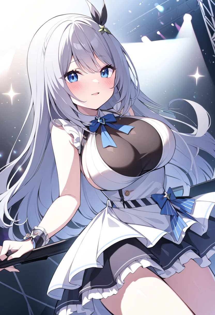 blue eyes, hair ornament, bow, long hair, Silver hair,, large breasts,, Live Stage, solo, nsfw